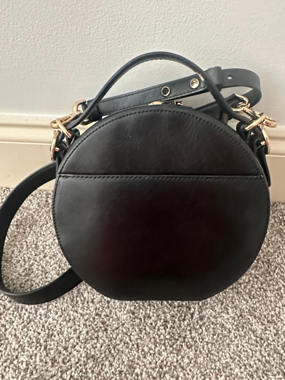 Michael Kors Black Canteen Round Leather Crossbody with Gold MK - Picture 2 of 6